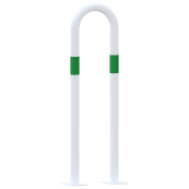Barrier bracket | as e-charging station protection | to be fixed by plugs, | total width: 300mm, total height: 1000mm | hot-dip galvanized and white powder-coated with 3 green reflective strips foil type RA1/A